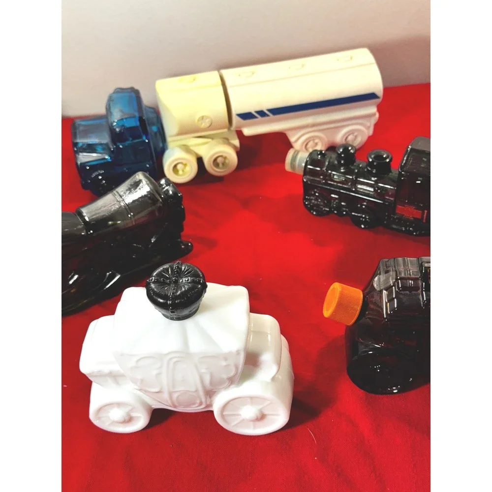 Lot of 5 Vintage Avon Glass Decanters Truck Train Motorcycle Stagecoach Boxed